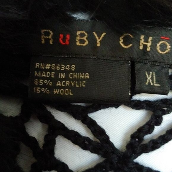 Ruby Cho Black Floral Knitted Faux Fur Sweater Sequin Open Front Romantic XL - Picture 15 of 16